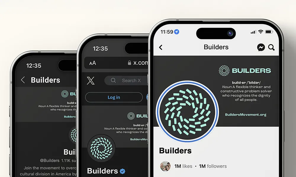 Three smartphone screens displaying a social media profile for "Builders" with a circular logo and definition text.