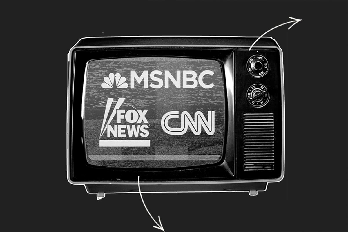 An illustration of a grainy TV with the logos of MSNBC, Fox News and CNN on the screen.