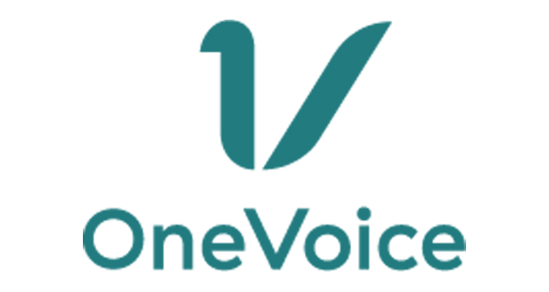 Teal logo of "OneVoice" with an abstract "V" symbol above the text.