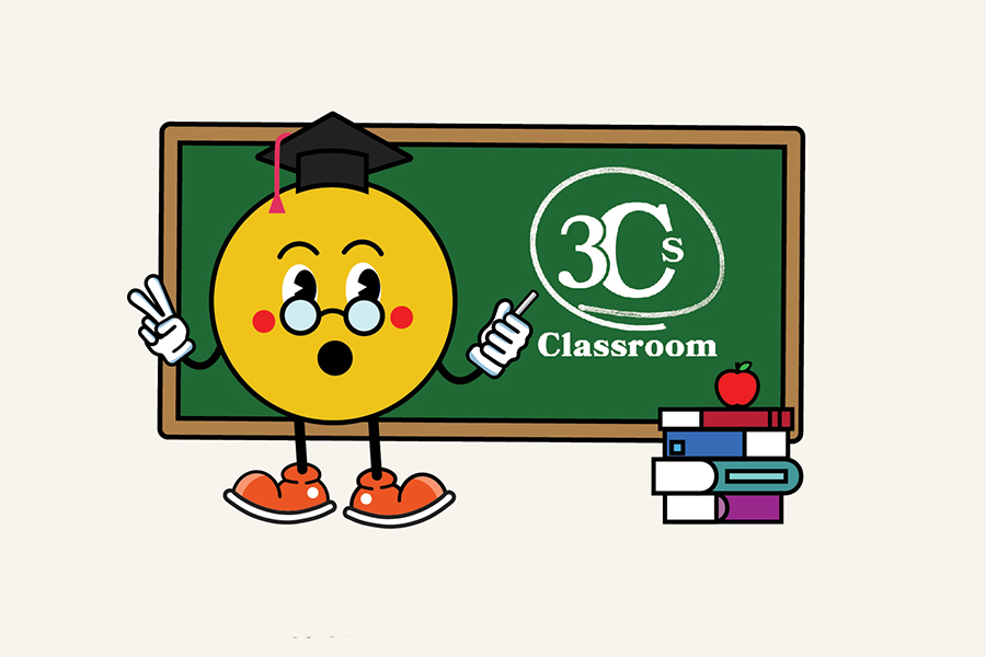 An illustration of a teacher pointing at a chalk board that reads 3Cs classroom.