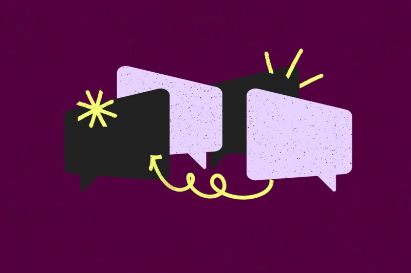 Illustration of three overlapping speech bubbles in black and lavender on a maroon background, connected by a curly yellow line with star accents.