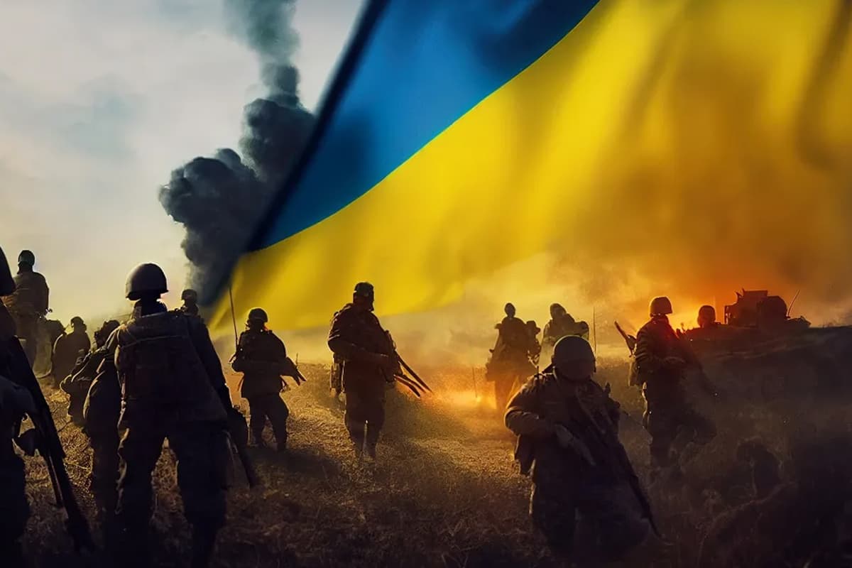 Soldiers in combat in front of a Ukrainian flag.