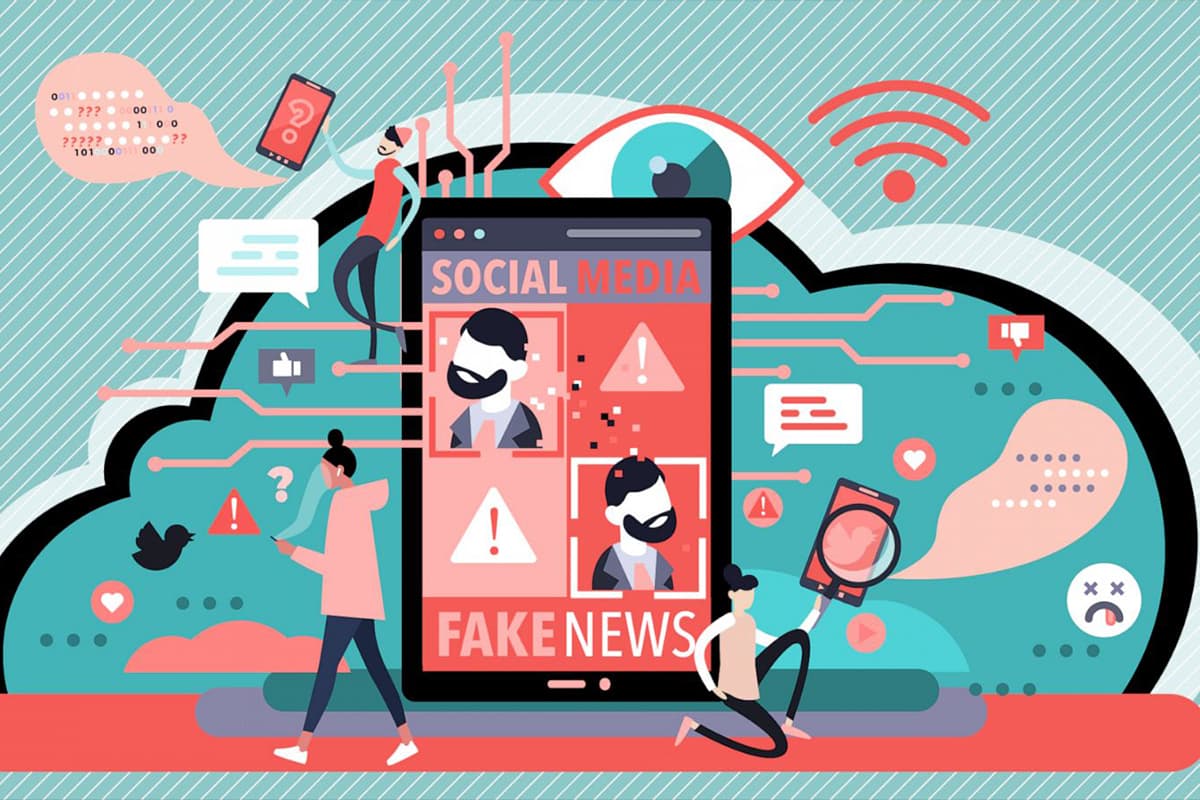 An illustration of a social media profile on an iPad with the title Fake News on it.