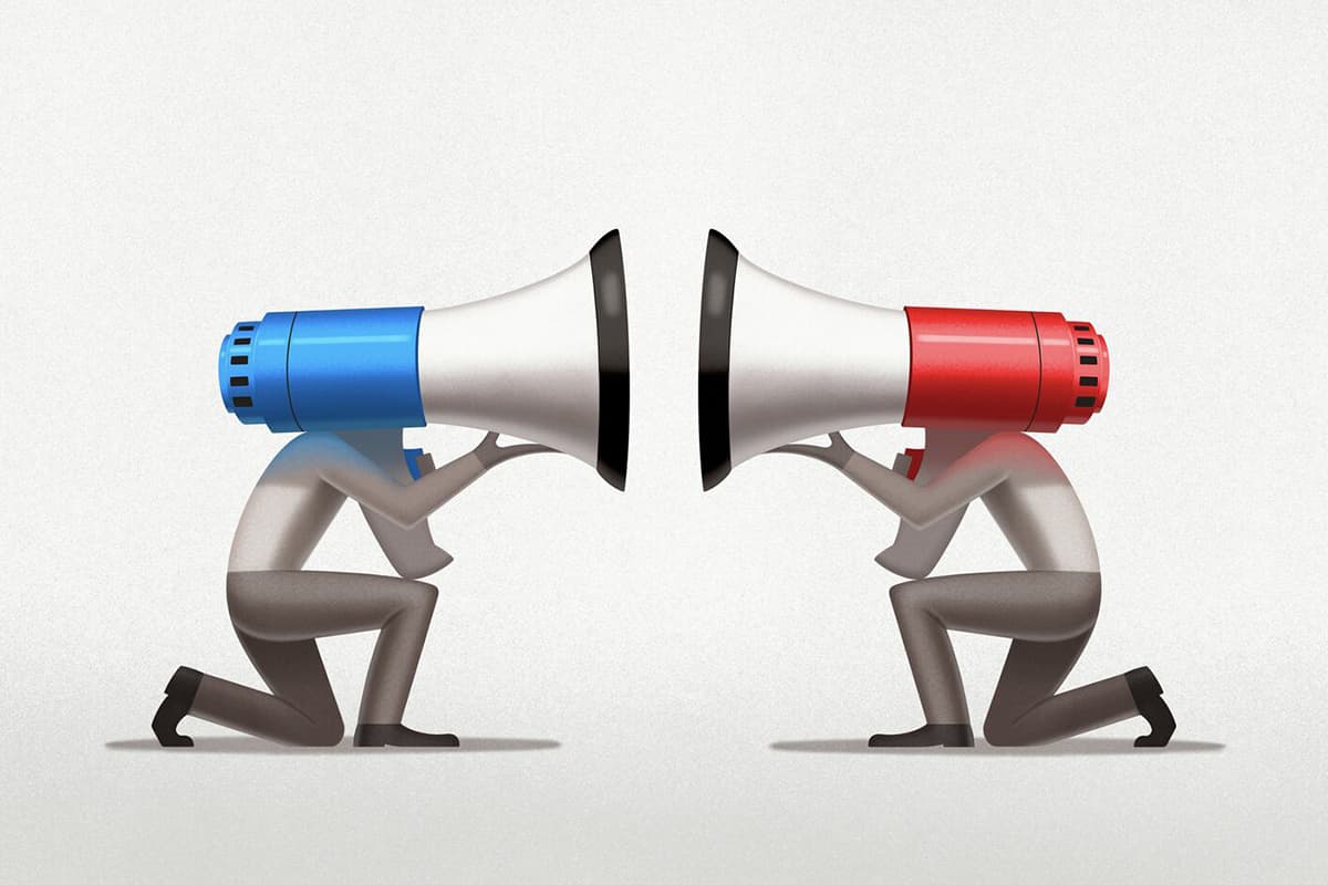 A red and blue megaphone facing each other.