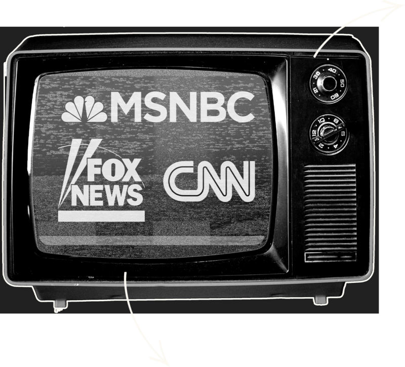 A vintage television with the logos of MSNBC, Fox News and CNN