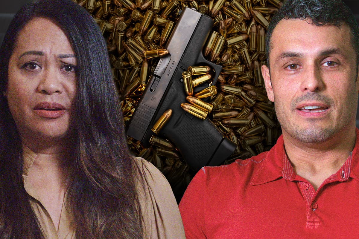 Two people in front of a background of bullets and a firearm.