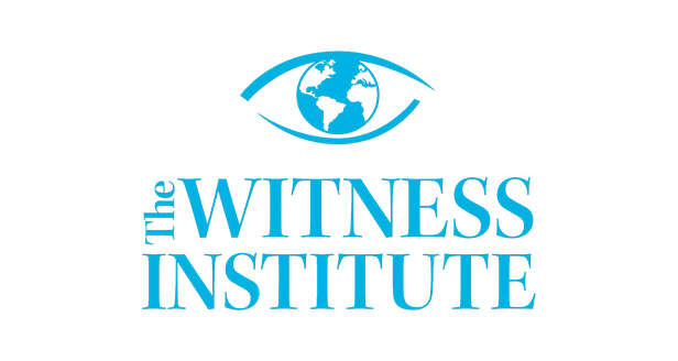 Logo of The Witness Institute with blue text and an eye design featuring a globe as the iris.